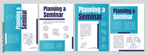 Seminar organization blue brochure template. Corporate event. Leaflet design with linear icons. Editable 4 vector layouts for presentation, annual reports. Anton, Lato-Regular fonts used