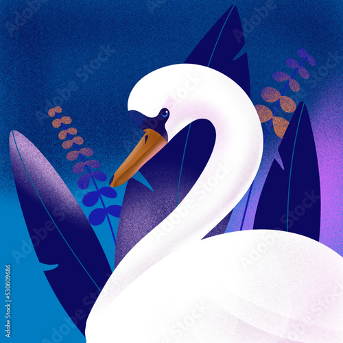 swan at sunset blue background with leaves illustration animal