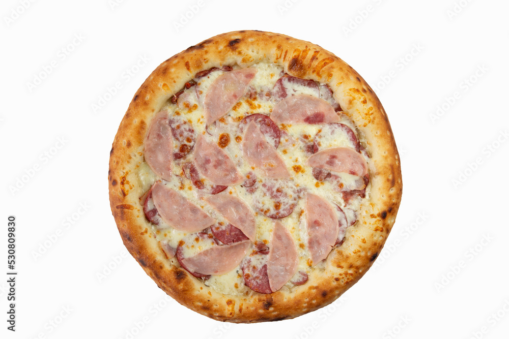 Homemade pizza with ham and sausage.