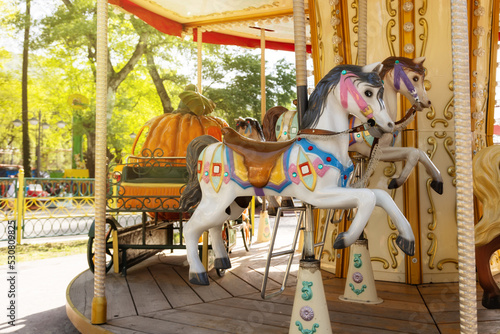 Colored carousel in the amusement park, on a summer day, copy space