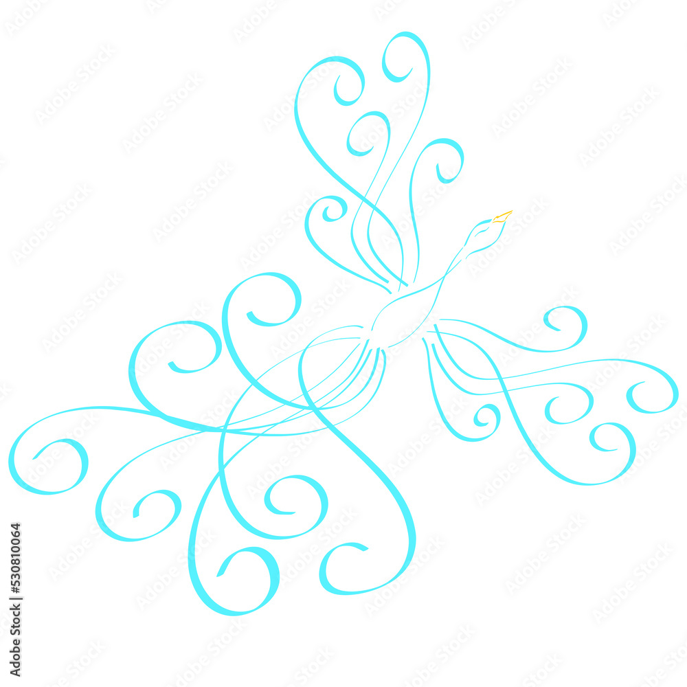 flying bird of blue curls, beautiful phoenix, abstract pattern on a white background flying bird of blue curls, beautiful phoenix, abstract pattern on a white background