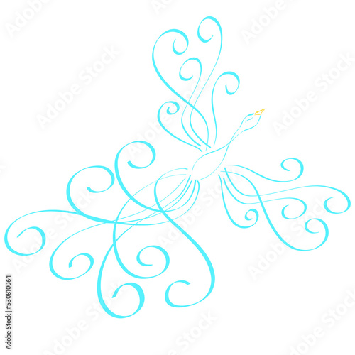 flying bird of blue curls, beautiful phoenix, abstract pattern on a white background