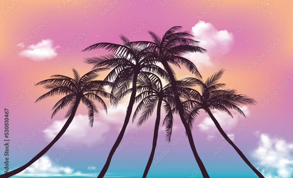 Background with sunset sky and palm trees, tropical resort