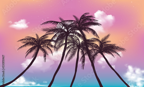 Background with sunset sky and palm trees, tropical resort