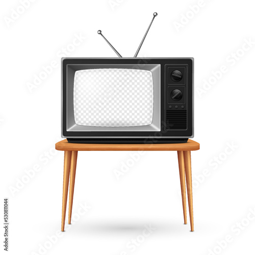 Vector 3d Realistic Retro TV Receiver on a Wooden Table Stand Closeup Isolated on White. Vintage TV Set with Transparent Screen. Television, Front View
