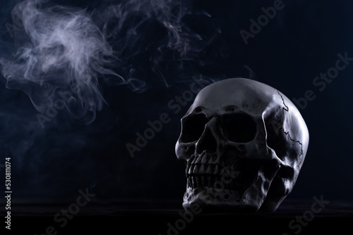 Fototapeta Naklejka Na Ścianę i Meble -  Halloween human skull on an old wooden table over black background. Shape of skull bone for Death head on halloween festival which show horror evil tooth fear and scary with fog smoke, copy space
