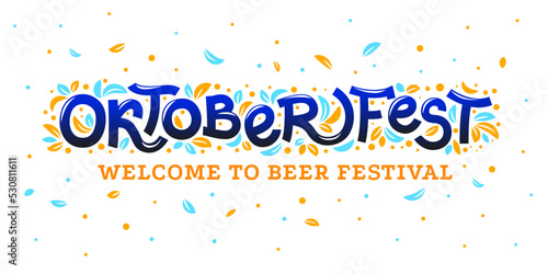 Oktoberfest vector greeting card, creative calligraphic font for german beer festival with modern swirls and flying leaves, original trendy typography for Oktoberfest word on white background.