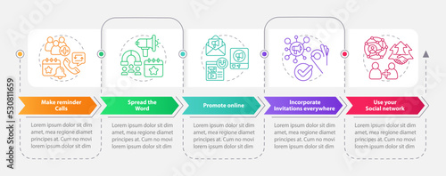 Engaging guests on business meeting rectangle infographic template. Data visualization with 5 steps. Editable timeline info chart. Workflow layout with line icons. Myriad Pro-Bold, Regular fonts used