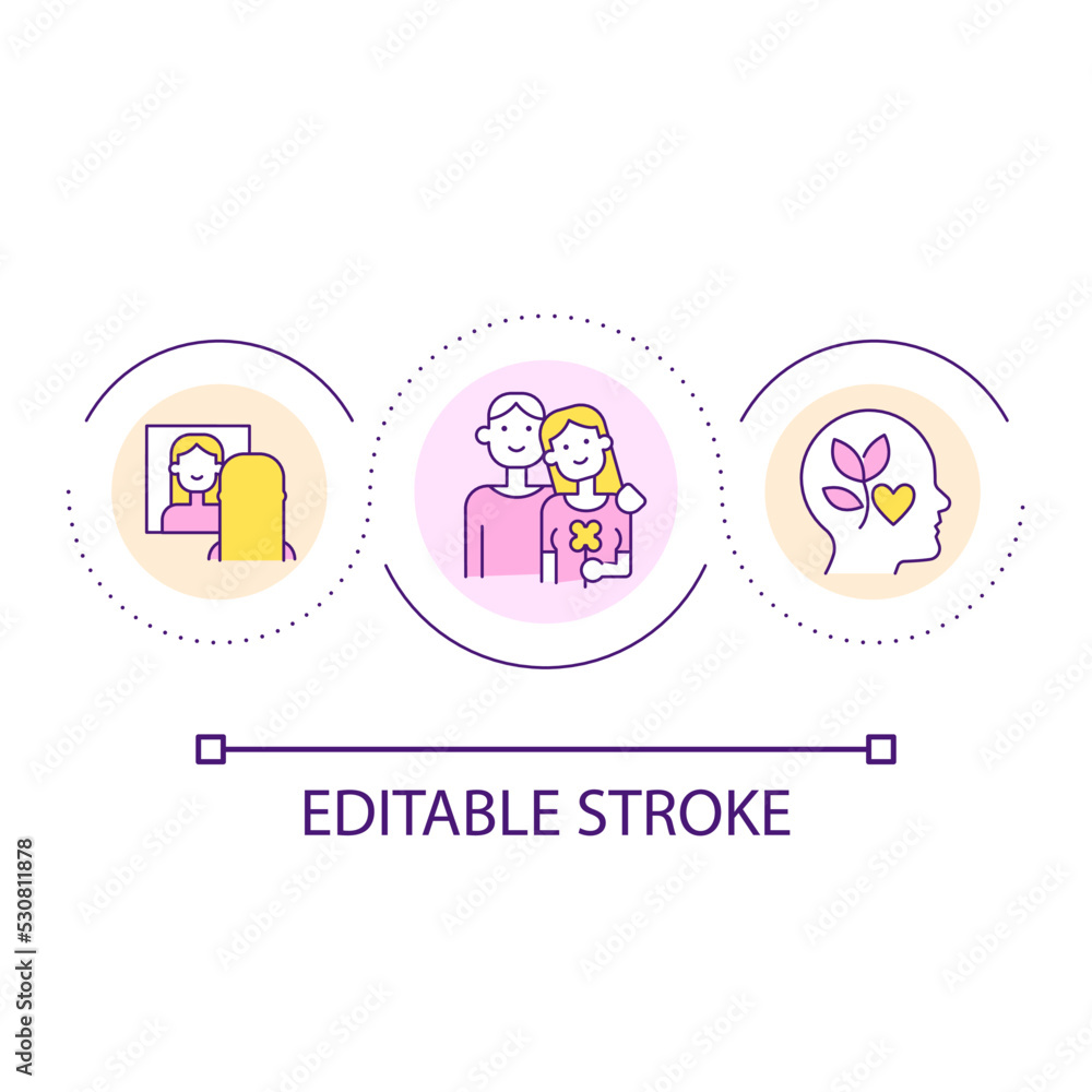 Building self-esteem in relationship loop concept icon. Confident wife abstract idea thin line illustration. Be better spouse for partner. Isolated outline drawing. Editable stroke. Arial font used Building self-esteem in relationship loop concept icon. Confident wife abstract idea thin line illustration. Be better spouse for partner. Isolated outline drawing. Editable stroke. Arial font used