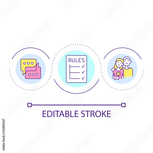 Setting rules for happy relationship loop concept icon. Healthy communication abstract idea thin line illustration. Establish boundaries. Isolated outline drawing. Editable stroke. Arial font used