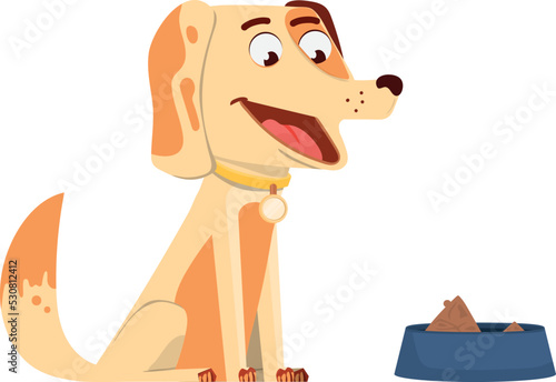 Happy dog with full pet food bowl. Cartoon animal character