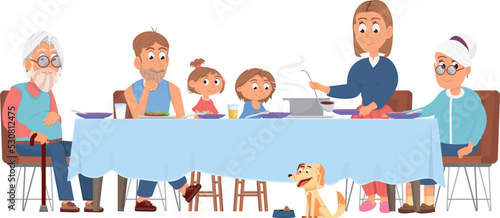 Family dinner. Cartoon people different generations eating together