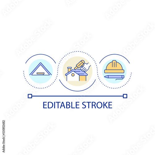 Cottage roof installation loop concept icon. Building maintenance service. Construction site abstract idea thin line illustration. Isolated outline drawing. Editable stroke. Arial font used