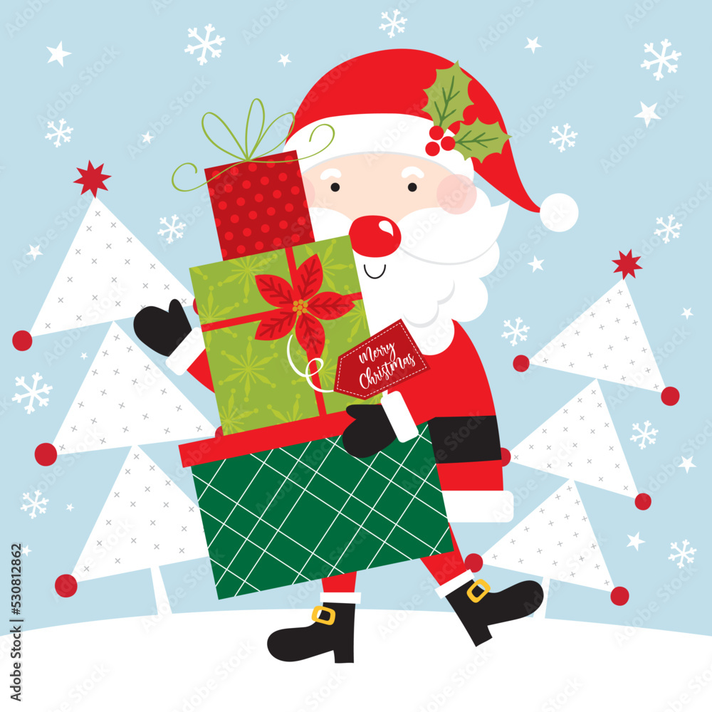 santa claus with christmas gifts greeting card design