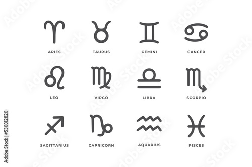 The 12 astrological signs: Aries, Taurus, Gemini, Cancer, Leo, Virgo, Libra, Scorpio, Sagittarius, Capricorn, Aquarius, Pisces. Zodiac signs set isolated on white background. Star signs. Icon set.