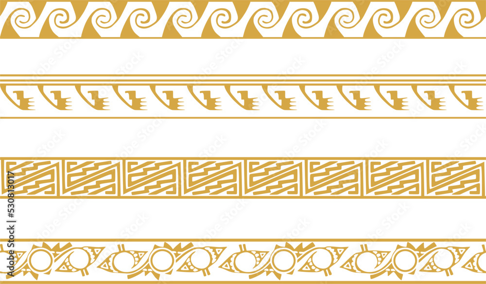 Vector set of golden native american ornamental seamless borders. Framework of the peoples of America, Aztecs, Maya, Incas.. - obrazy, fototapety, plakaty 