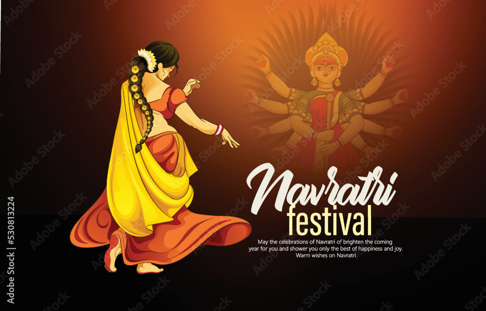 Illustration of couple playing Garba and Dandiya night in Navratri Celebration for Navratri festival of India, Dussehra festival