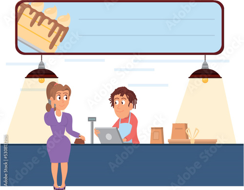 Food court buffet. Customer making order. Cartoon cafe