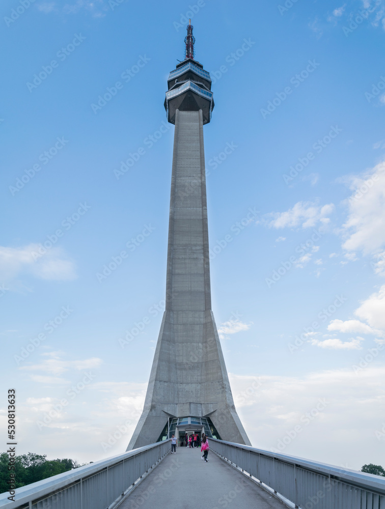 Obraz premium Belgrade, Serbia - June 26, 2019: Avala Tower located on Mount Avala in Belgrade. 204 m tall telecommunications tower