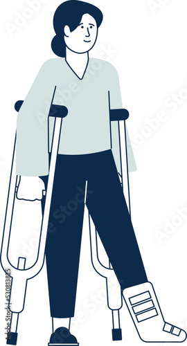 Young woman walking on crutches. Person with injured leg