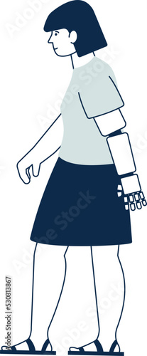 Young woman with prosthetic arm. Articial hand person
