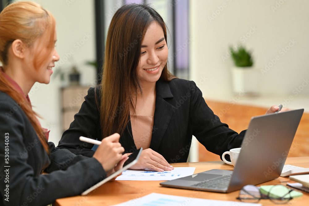 Two businesswomen sharing an idea, give an advice about the work. Two businesswomen sharing an idea, give an advice about the work.