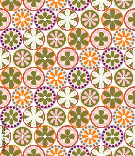 Abstract Flowers Circles Decorative Geometric Seamless Vector Pattern Doodle Retro Style Design Perfect for Allover Fabric Print or Wrapping Paper
