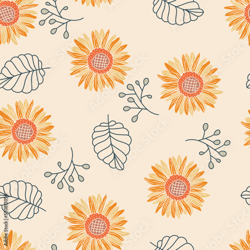 Sunflowers with Leaves Decor Vector Seamless Pattern