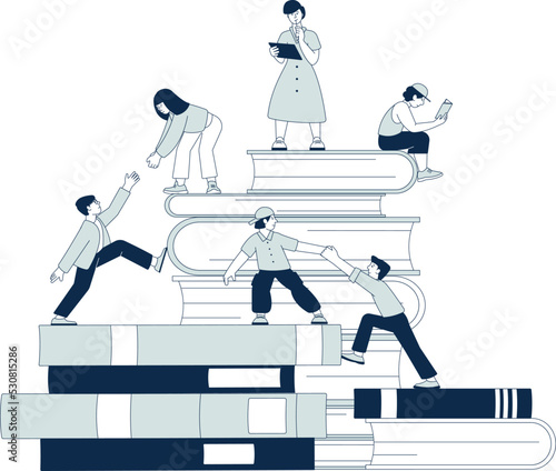 People climbing on book stack. Studying knowledge concept