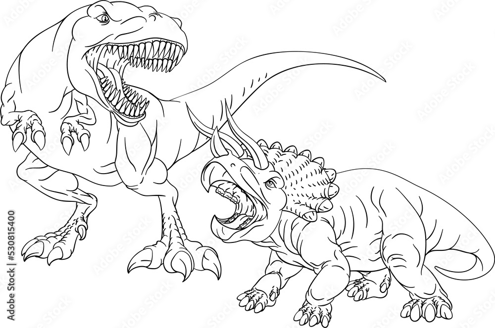 A coloring book page drawing of a T Rex dinosaur fighting a Triceratops A coloring book page drawing of a T Rex dinosaur fighting a Triceratops