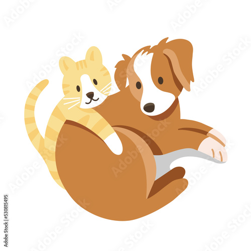 Cat and Dog companions together. Friendship. Adopt a Pet. Isolated on white. Puppy and kitten. Hugging. Cat and Dog characters. Cartoon styled vector illustration.