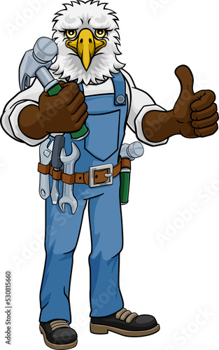 Fototapeta Naklejka Na Ścianę i Meble -  Eagle Mascot Carpenter Handyman Holding Hammer