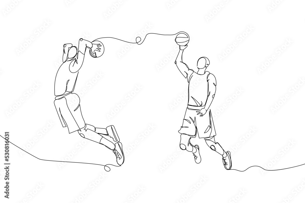 Basketball players throws the ball set one line art. Continuous line drawing sports, game, training, team, championship, ball, man, basket, competition, stadium.