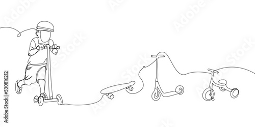 Boy in a protective helmet on a scooter with tricycle and skateboard set one line art. Continuous line drawing sport, scooter, transportation, child, childhood, riding, healthy, urban, mobility.