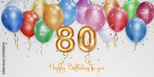 Festive birthday illustration with colored helium balloons, big number 80 golden foil balloon, flying shiny pieces of serpentine and inscription Happy Birthday on white background