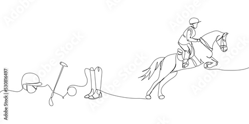 Horseback riding and horse polo set one line art. Continuous line drawing rider, saddle, trot, horse racing, horse, shoes, boot, rider, horseman, training, sport, competition.