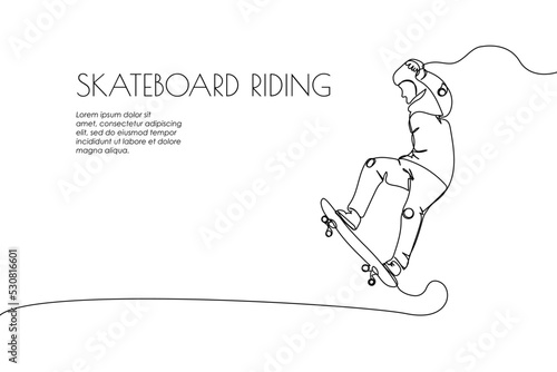 Web banner with skateboarder doing a trick one line art. Continuous line drawing of promotion poster sports, training, sport, teenager, doing tricks, street, subculture, urban, extreme, youth man.