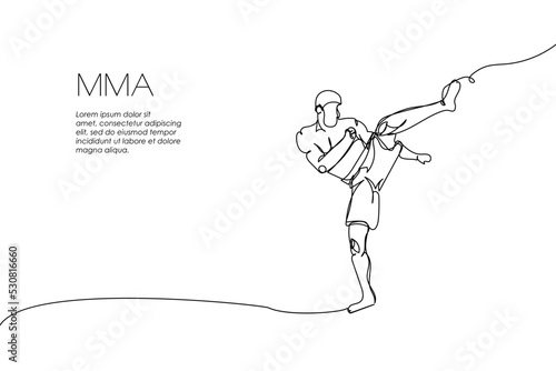Web banner with kickboxer, mixed martial arts fighter one line art. Continuous line drawing of promotion poster boxing, fight gloves, battle, MMA, kickboxing, taekwondo, fights without rules, sport.