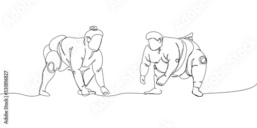 Fight of two sumo wrestlers one set line art. Continuous line drawing japan, fight, obesity, big man, person, pre-fight greeting, athlete, training, ring, sport.