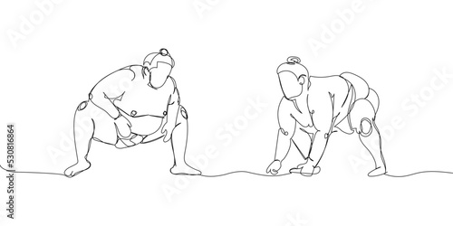 Fight, two sumo wrestlers greeting set one line art. Continuous line drawing japan, fight, obesity, big man, person, pre-fight, athlete, training, ring, sport.