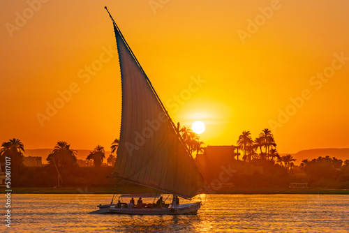 Luxor, Egypt; August 25, 2022 - A Felucca on the Nile in Luxor, Egypt