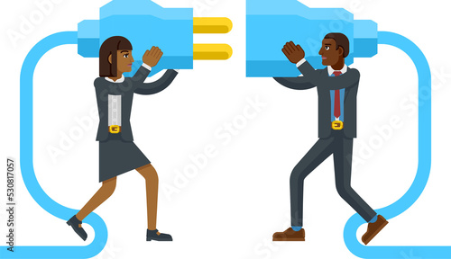 Business man and woman cartoon character mascots connecting two sides of a giant plug together.