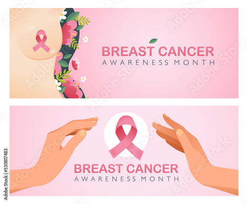 Breast cancer Month with a pink ribbon. International Breast Cancer Day. Vector banner in cartoon style