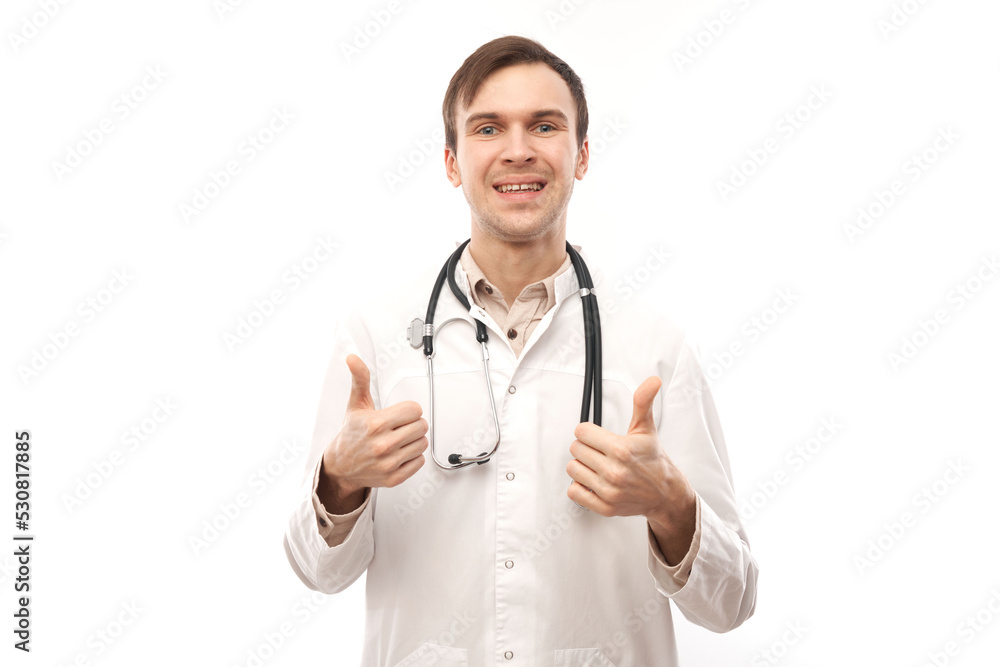 Portrait of happy doctor in white medical coat showing gesture all is well isolated on white background with copy space Portrait of happy doctor in white medical coat showing gesture all is well isolated on white background with copy space