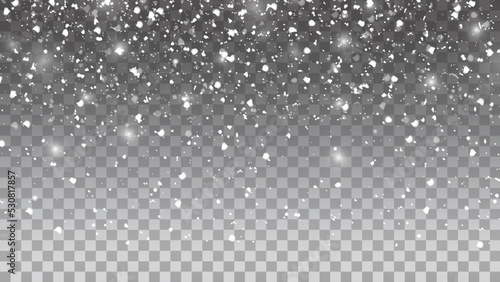 Falling snowflakes on a transparent background. Snowfall vector illustration. Abstract horizontal winter backdrop. Fall of snow.  photo