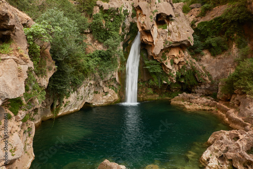 The Calavera waterfall on the Borosa river route in the Sierra de Cazorla, Segura and Las Villas Natural Park. Jaen. Andalusia. Spain