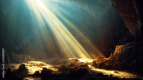 3 D render. Dramatic light in dark cave landscape, mysterious and surreal.