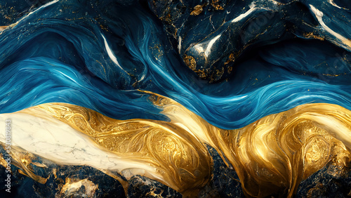 Marble abstract acrylic background. Nature marbling blue and gold sequins artwork texture.