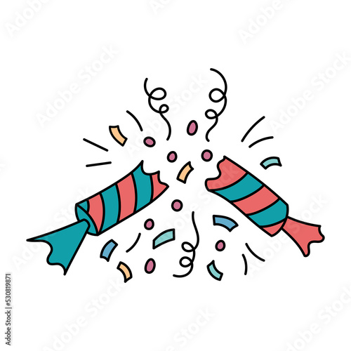 Christmas cracker isolated. Vector doodle illustration of broken cracker and confetti. Cute hand drawn holiday design element