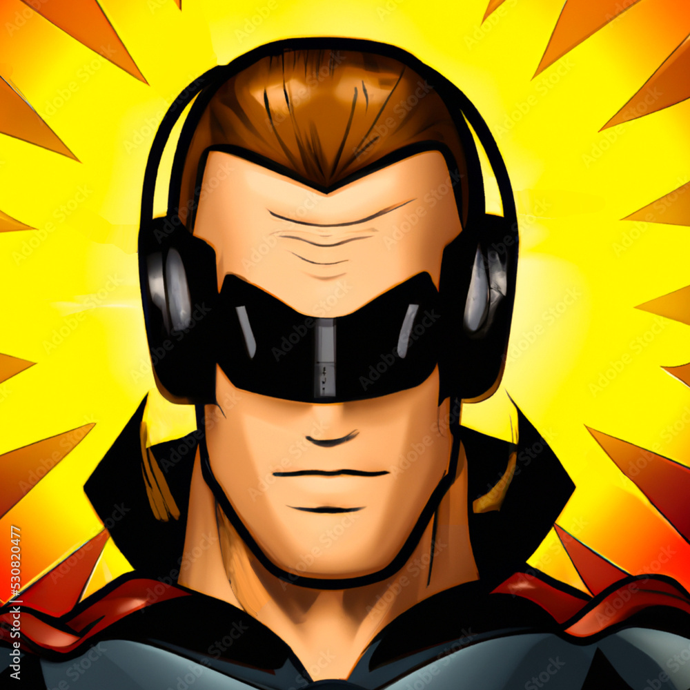 Cartoon man with headphones listening to music. Colorful digital image drawing illustration. 